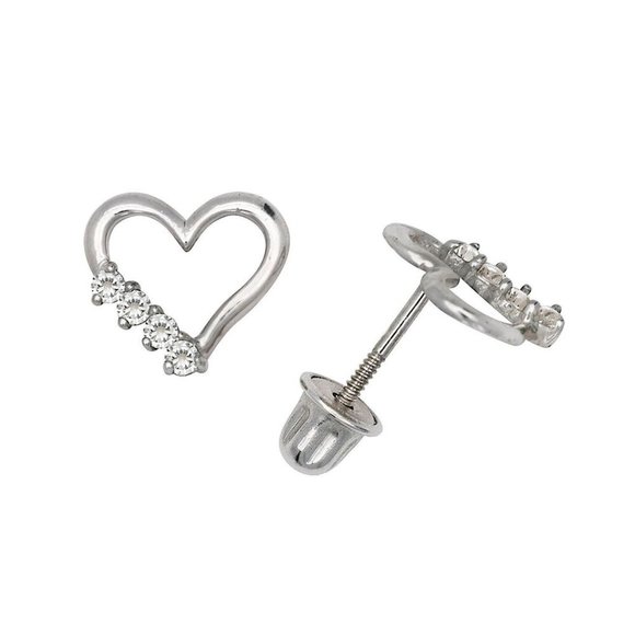 14K Solid White Gold Open Heart Love Screw Back Earrings Set With Birthstones - Picture 1 of 7